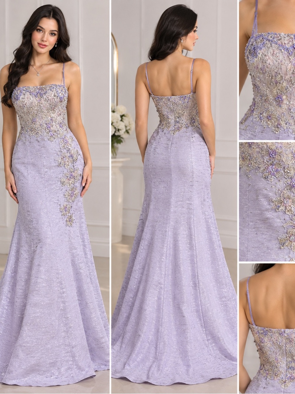 Lavender Beaded Formal Gown High-Low Mermaid Style Prom Grad Dress Beaded Floral